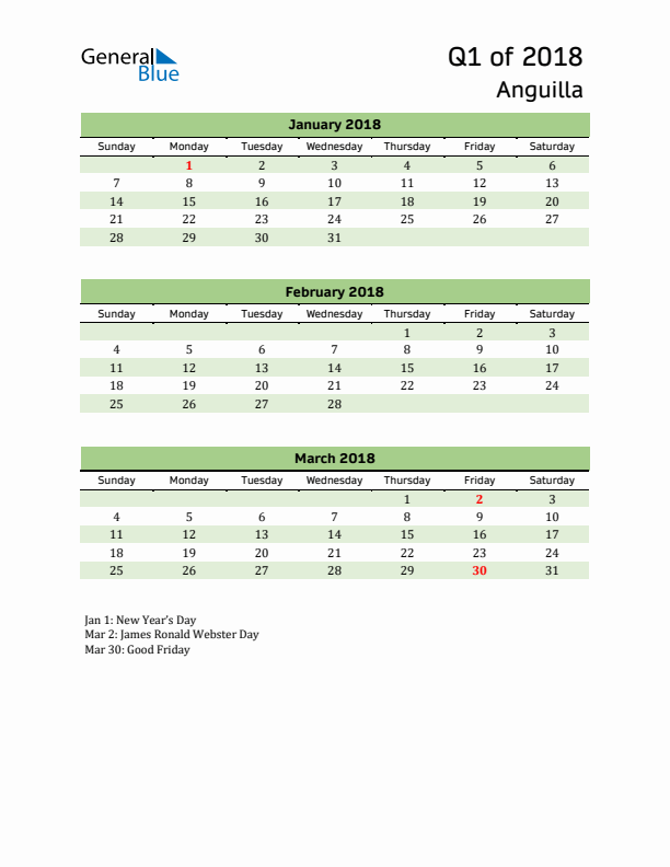 Quarterly Calendar 2018 with Anguilla Holidays