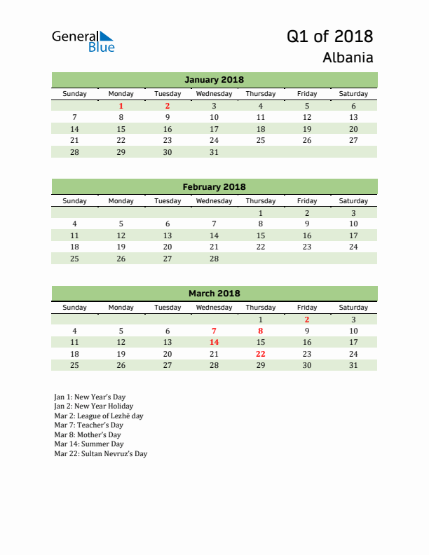 Quarterly Calendar 2018 with Albania Holidays