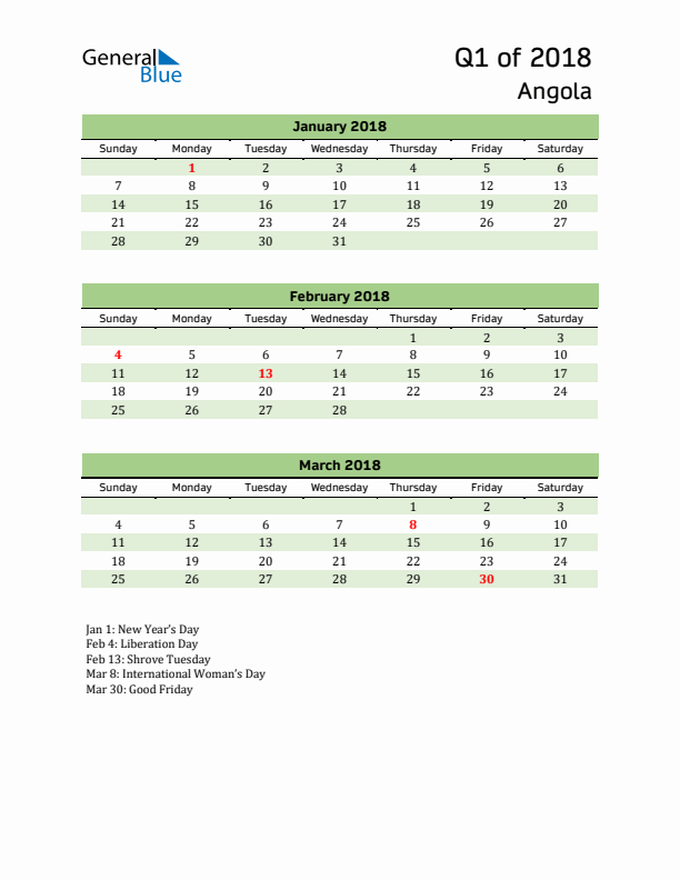 Quarterly Calendar 2018 with Angola Holidays