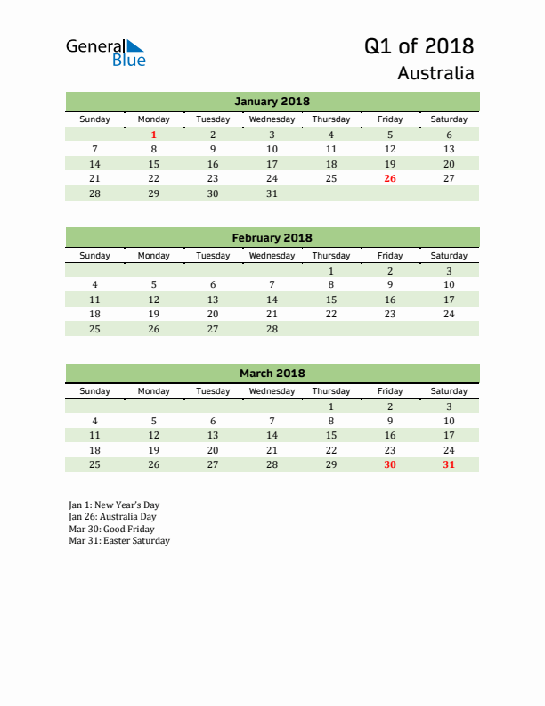 Quarterly Calendar 2018 with Australia Holidays