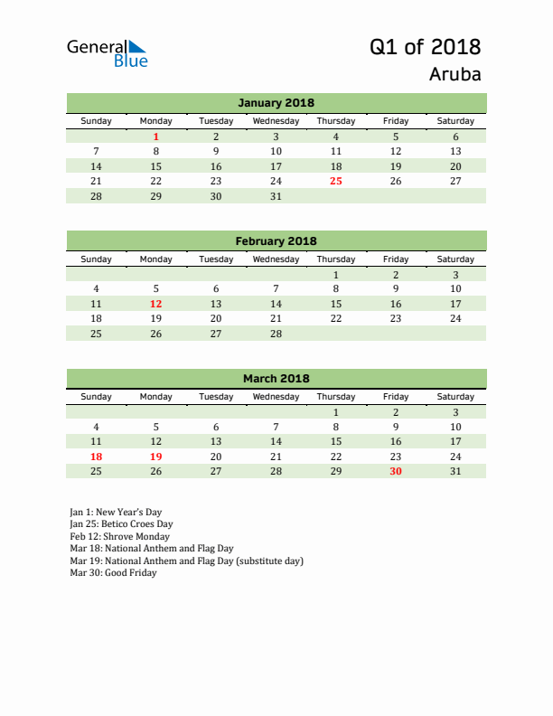 Quarterly Calendar 2018 with Aruba Holidays