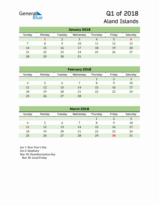 Quarterly Calendar 2018 with Aland Islands Holidays