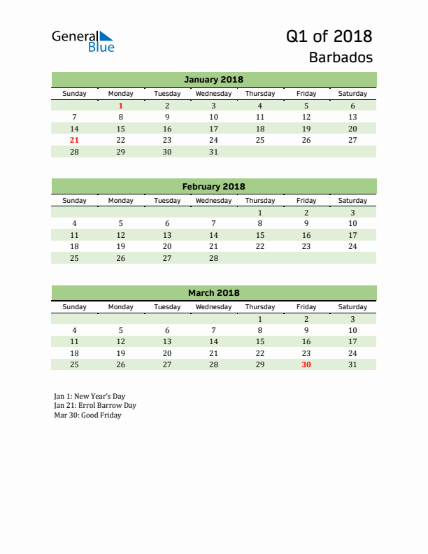 Quarterly Calendar 2018 with Barbados Holidays