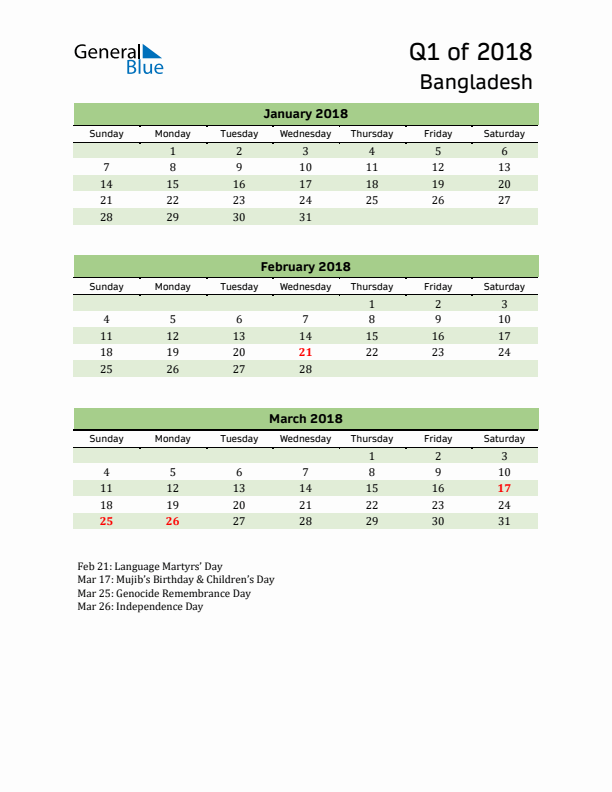 Quarterly Calendar 2018 with Bangladesh Holidays