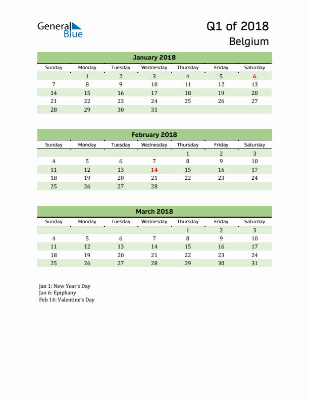 Quarterly Calendar 2018 with Belgium Holidays