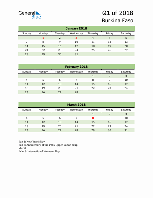 Quarterly Calendar 2018 with Burkina Faso Holidays