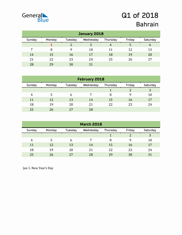 Quarterly Calendar 2018 with Bahrain Holidays