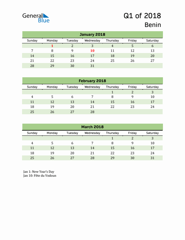 Quarterly Calendar 2018 with Benin Holidays