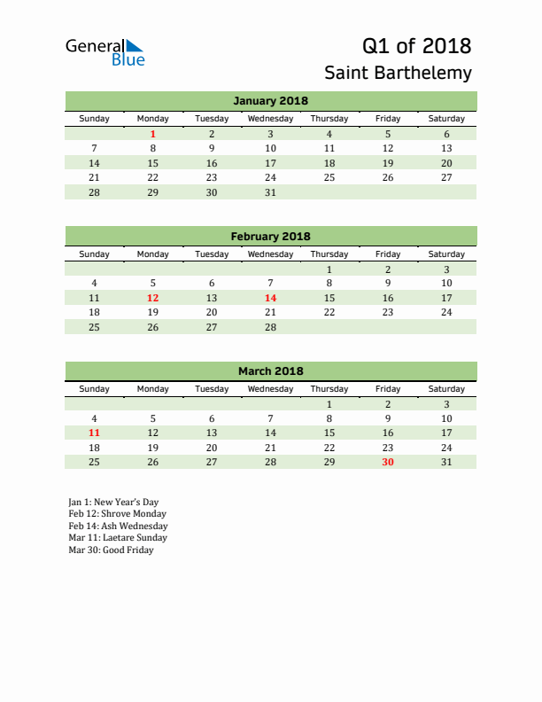 Quarterly Calendar 2018 with Saint Barthelemy Holidays