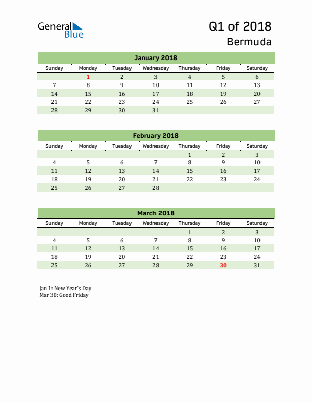 Quarterly Calendar 2018 with Bermuda Holidays