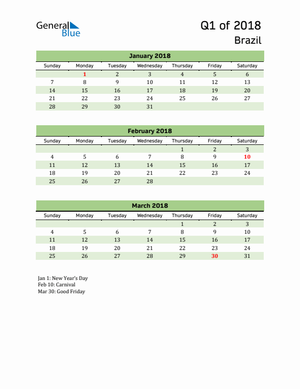 Quarterly Calendar 2018 with Brazil Holidays