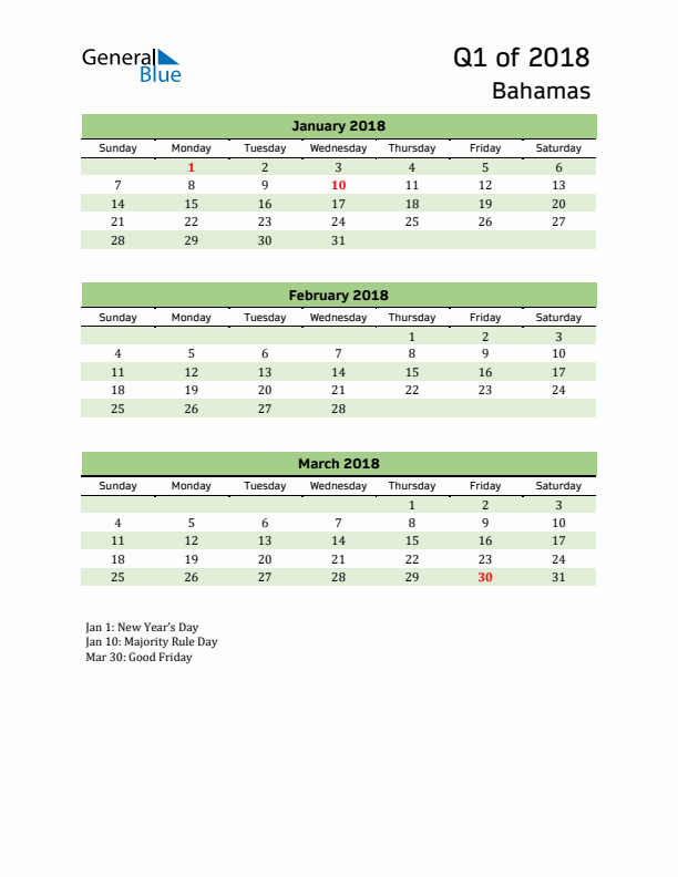 Quarterly Calendar 2018 with Bahamas Holidays