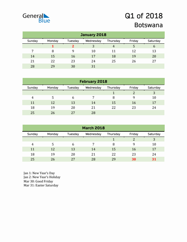 Quarterly Calendar 2018 with Botswana Holidays