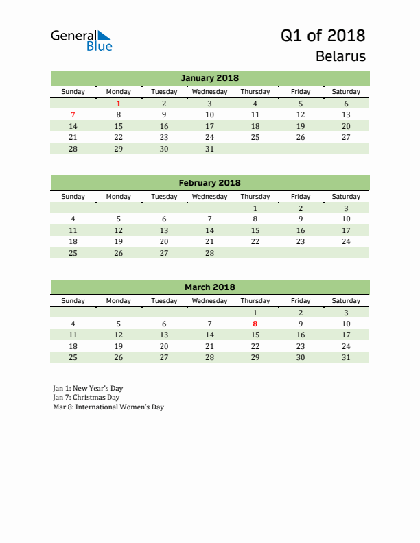 Quarterly Calendar 2018 with Belarus Holidays