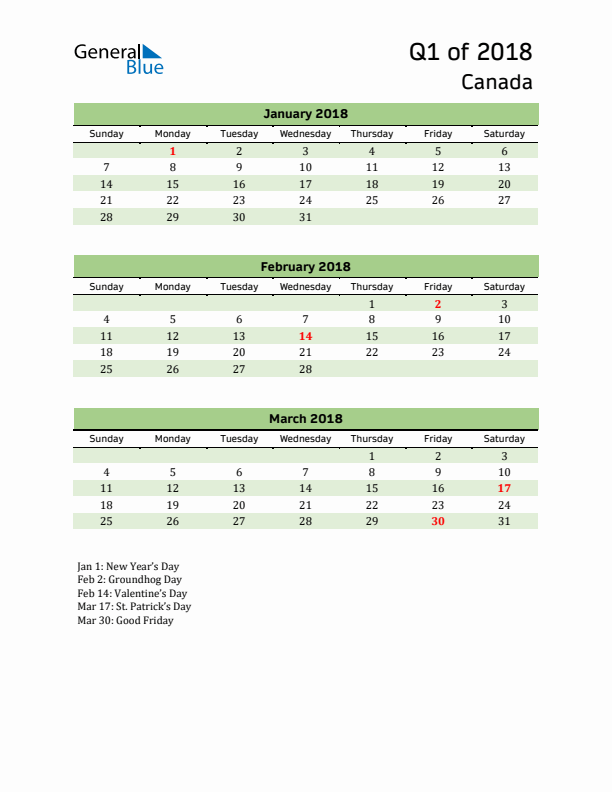 Quarterly Calendar 2018 with Canada Holidays