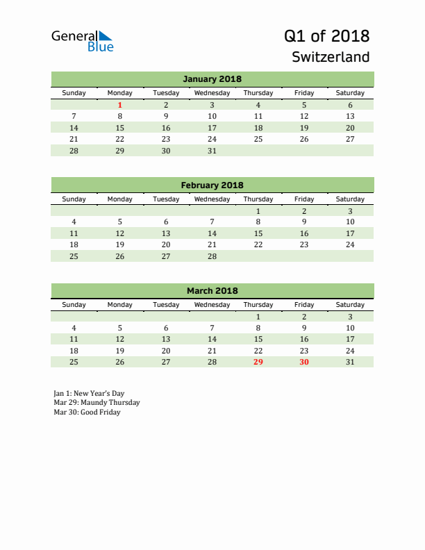 Quarterly Calendar 2018 with Switzerland Holidays