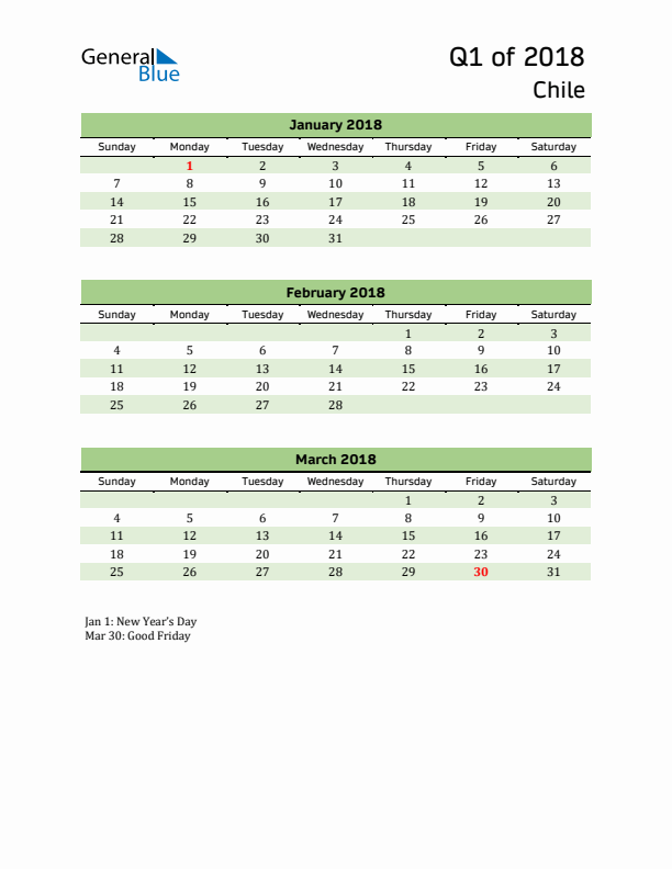 Quarterly Calendar 2018 with Chile Holidays