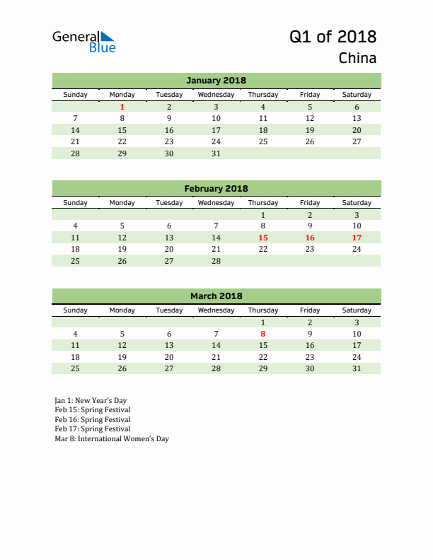 Quarterly Calendar 2018 with China Holidays