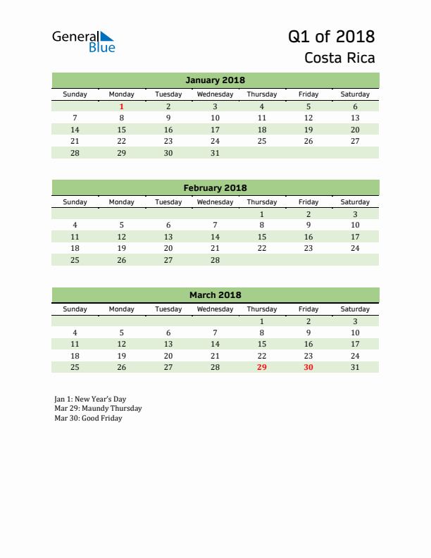 Quarterly Calendar 2018 with Costa Rica Holidays