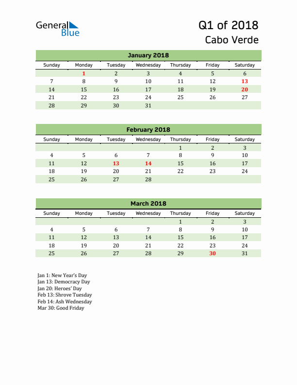 Quarterly Calendar 2018 with Cabo Verde Holidays