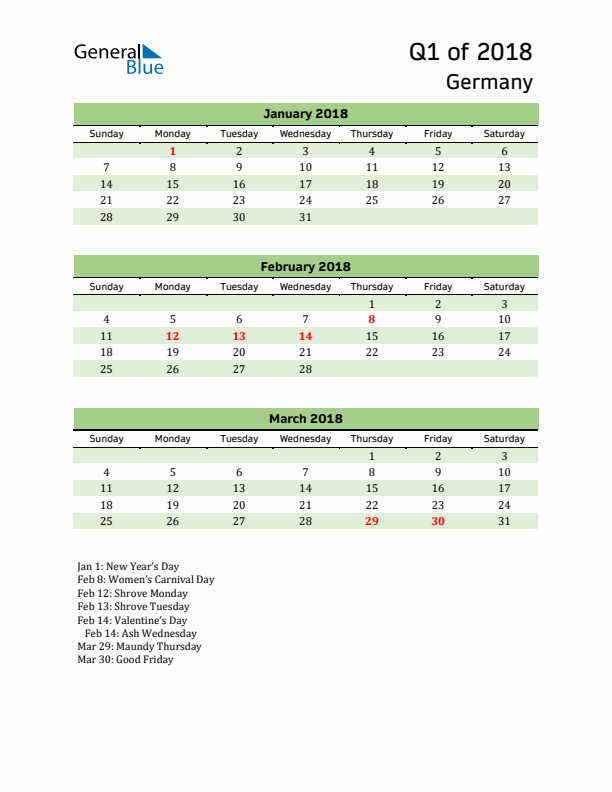 Quarterly Calendar 2018 with Germany Holidays