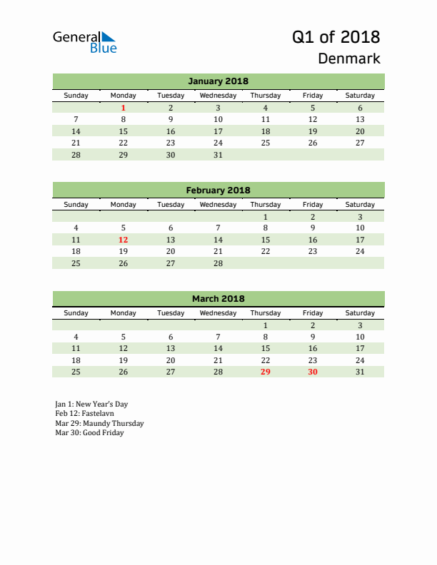 Quarterly Calendar 2018 with Denmark Holidays