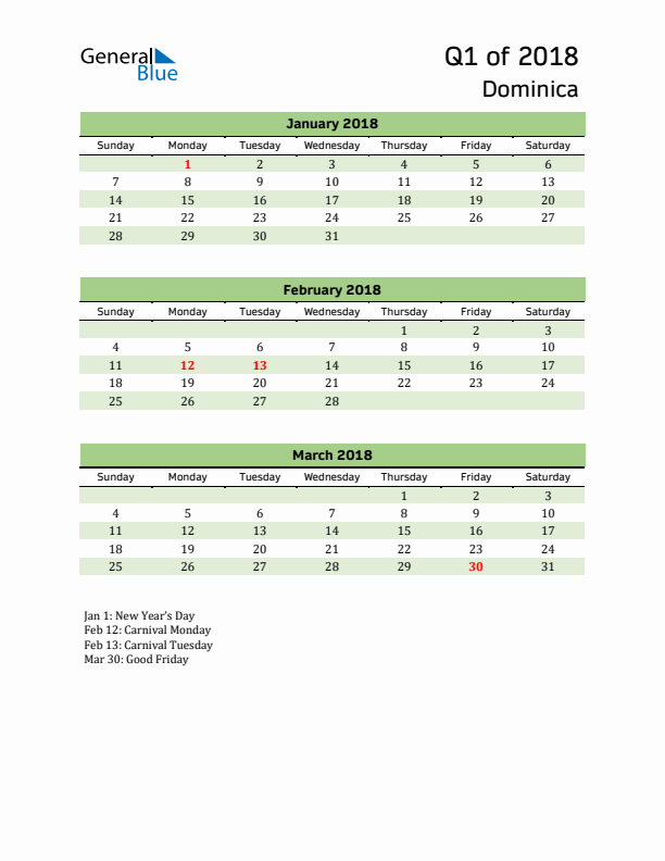 Quarterly Calendar 2018 with Dominica Holidays