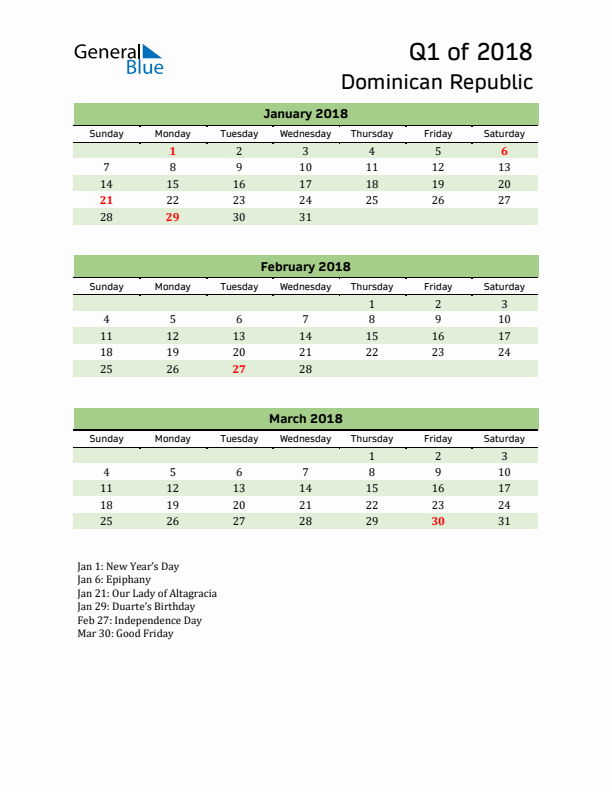 Quarterly Calendar 2018 with Dominican Republic Holidays