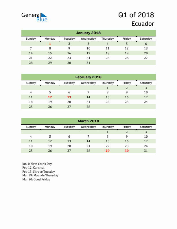 Quarterly Calendar 2018 with Ecuador Holidays