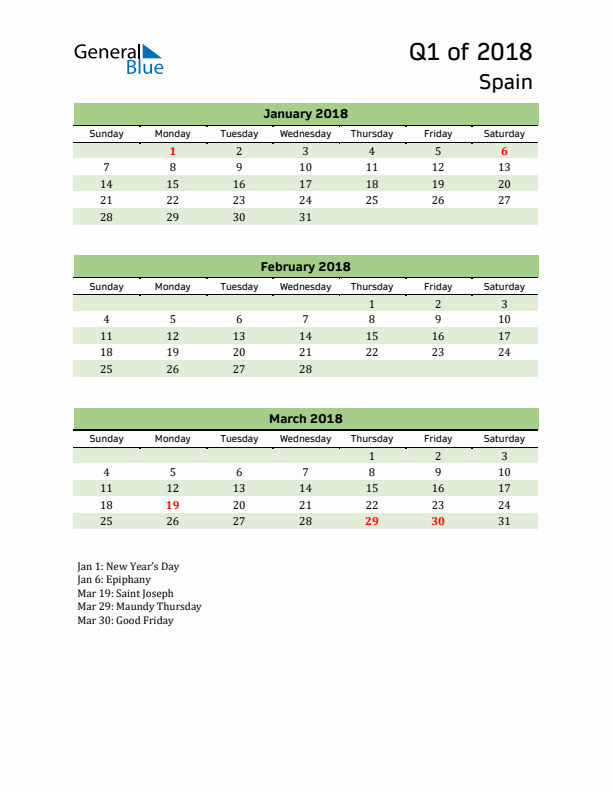 Quarterly Calendar 2018 with Spain Holidays