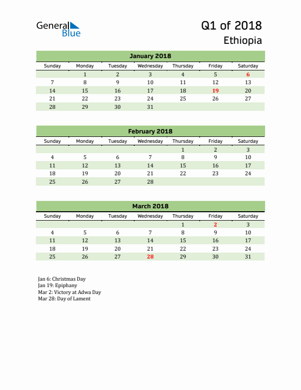 Quarterly Calendar 2018 with Ethiopia Holidays