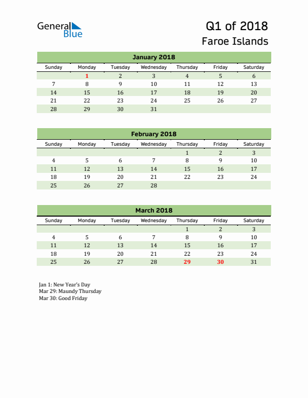 Quarterly Calendar 2018 with Faroe Islands Holidays