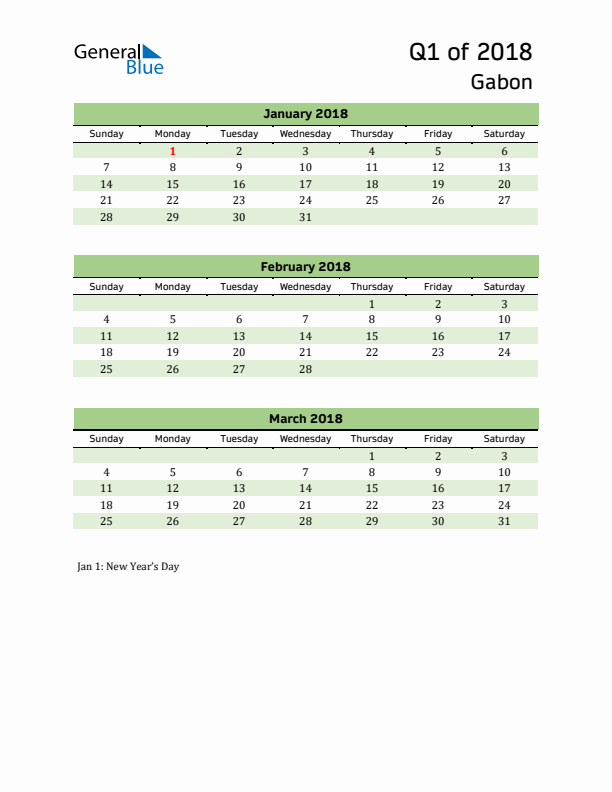 Quarterly Calendar 2018 with Gabon Holidays