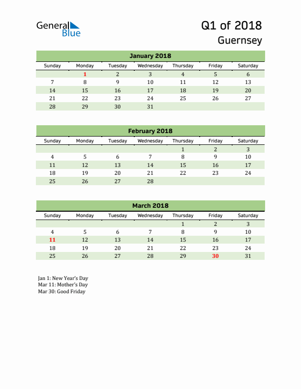 Quarterly Calendar 2018 with Guernsey Holidays