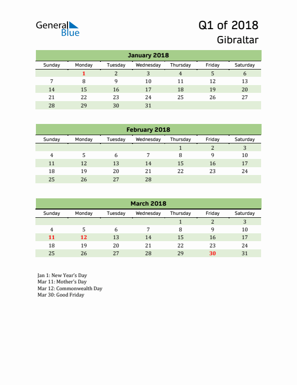 Quarterly Calendar 2018 with Gibraltar Holidays