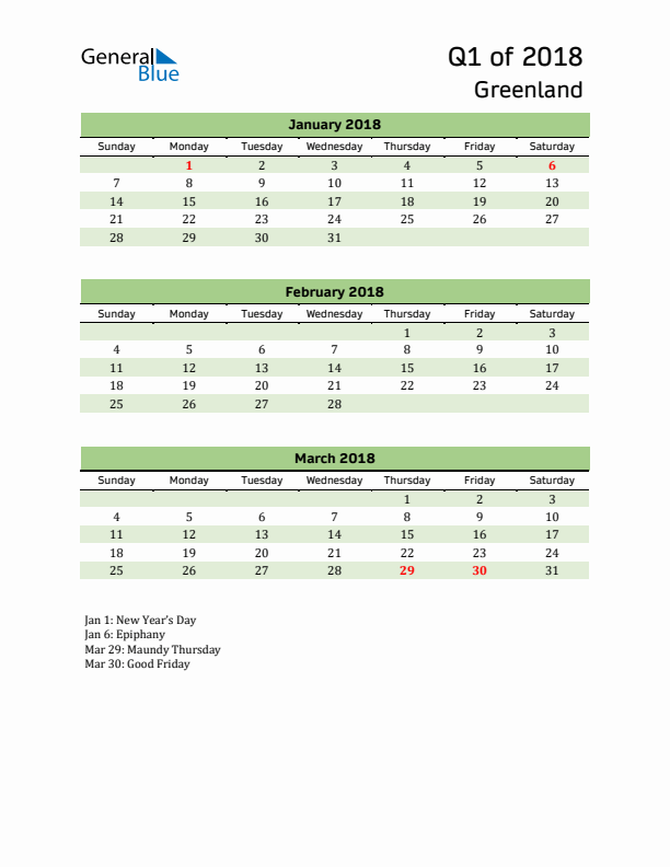 Quarterly Calendar 2018 with Greenland Holidays