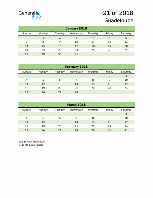 Quarterly Calendar 2018 with Guadeloupe Holidays