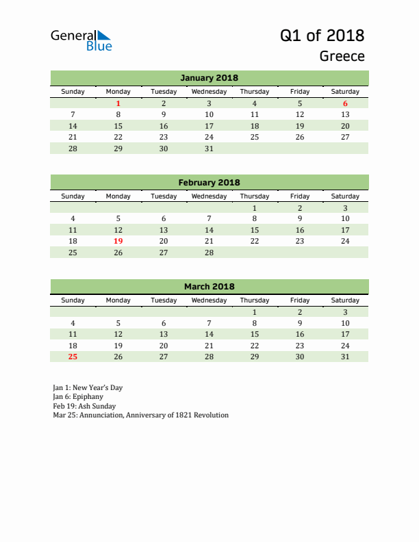 Quarterly Calendar 2018 with Greece Holidays