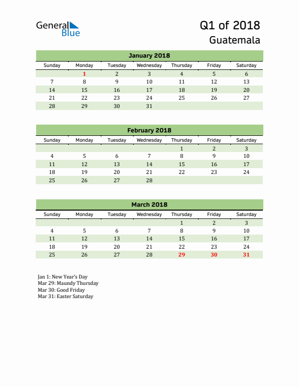 Quarterly Calendar 2018 with Guatemala Holidays