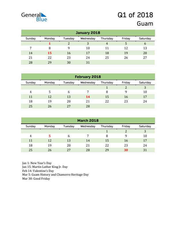 Quarterly Calendar 2018 with Guam Holidays