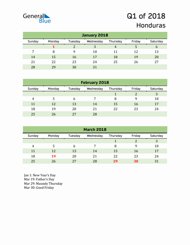 Quarterly Calendar 2018 with Honduras Holidays