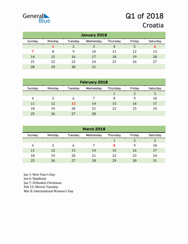 Quarterly Calendar 2018 with Croatia Holidays