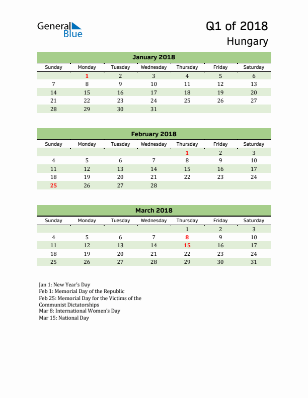 Quarterly Calendar 2018 with Hungary Holidays