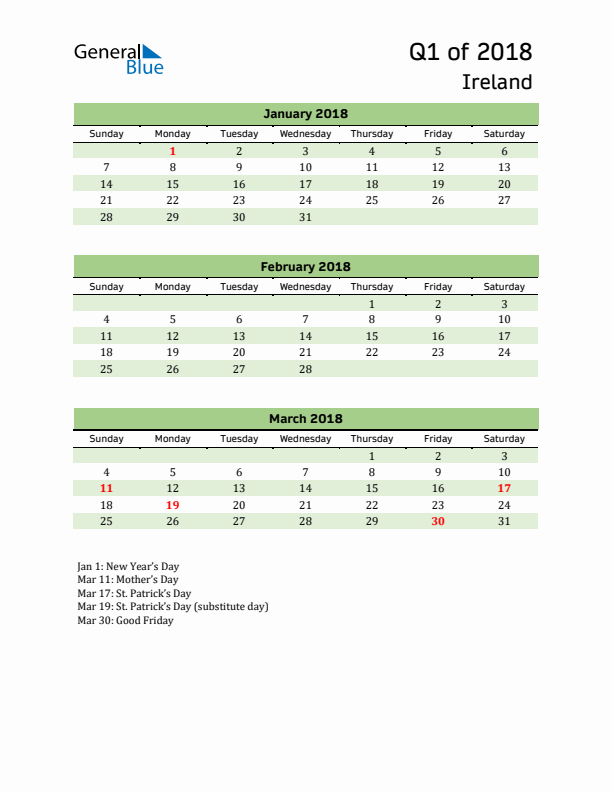 Quarterly Calendar 2018 with Ireland Holidays