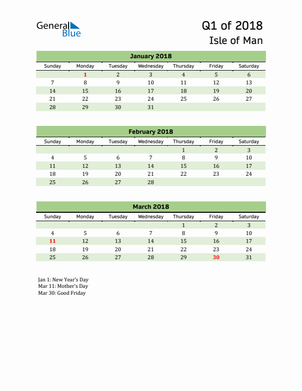 Quarterly Calendar 2018 with Isle of Man Holidays