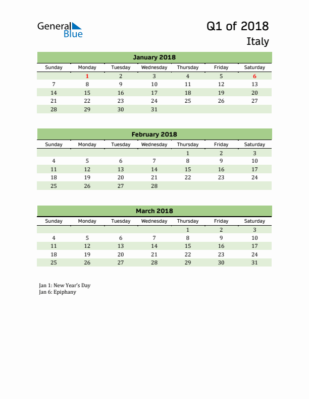 Quarterly Calendar 2018 with Italy Holidays