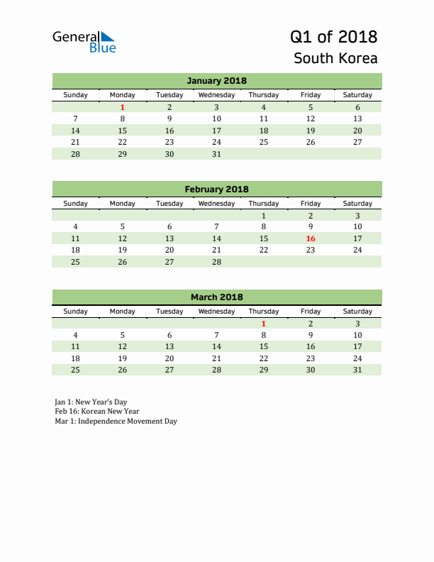 Quarterly Calendar 2018 with South Korea Holidays