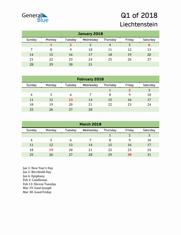 Quarterly Calendar 2018 with Liechtenstein Holidays