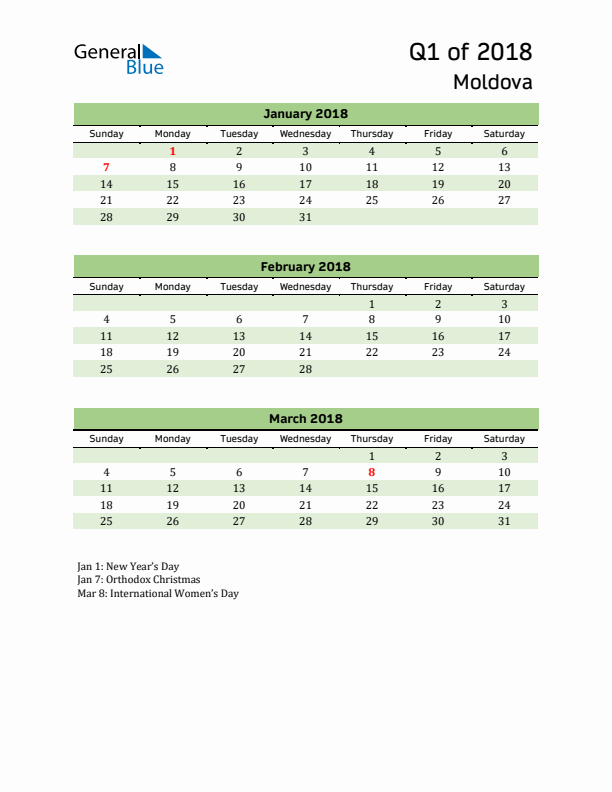 Quarterly Calendar 2018 with Moldova Holidays