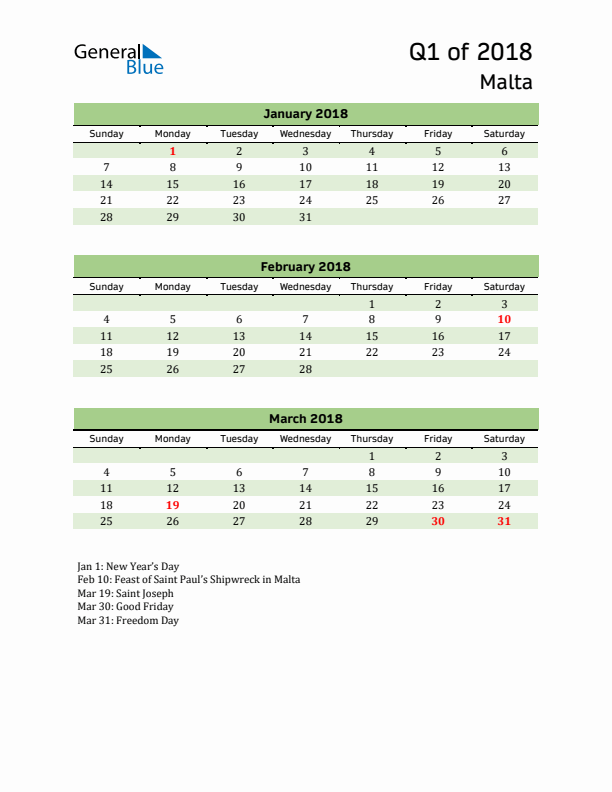 Quarterly Calendar 2018 with Malta Holidays